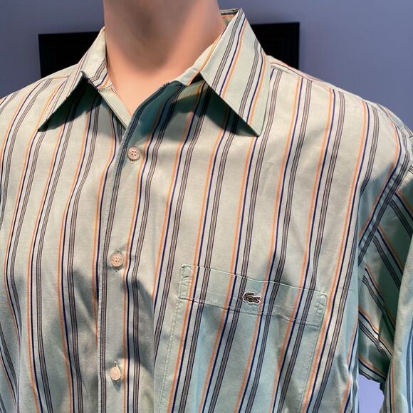Lacoste 45/XL-2XL Button Down Dress Shirt Stripes Embroidered Logo Chest Pocket - Picture 2 of 6